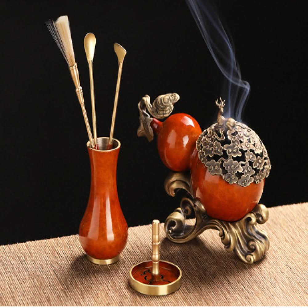 "Fu Lu" (Good Fortune & Prosperity) Bronze Incense Burner and Gourd Set
