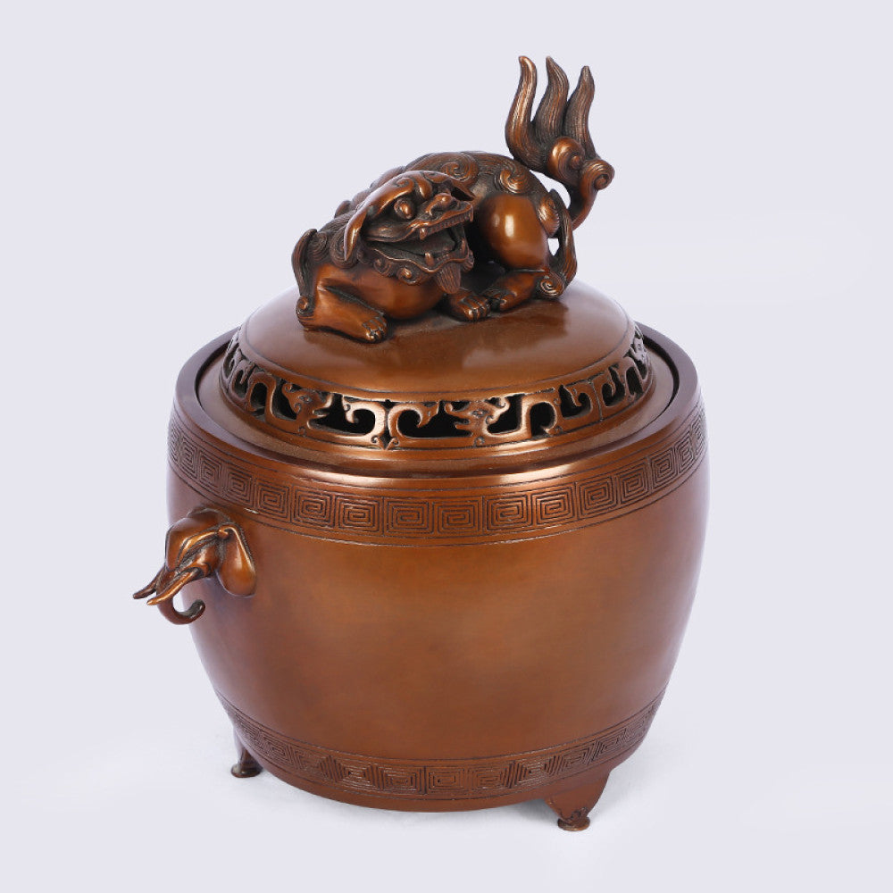 Tong Xinxiang copper lion button elephant ear drum type incense burner home office craft Chinese gift ornaments image 7