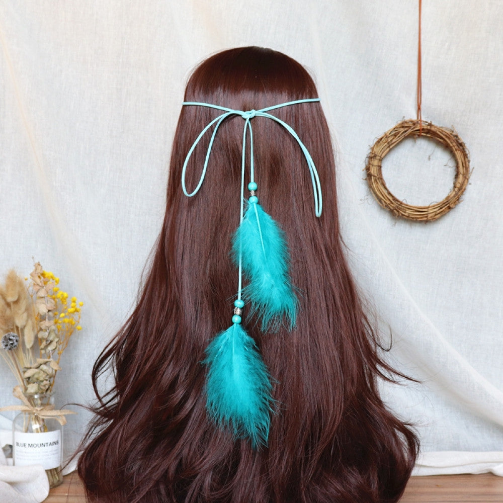 hair band featuring abundant white feather tassels, wooden bead accents, displayed with dried flower vase woven wreath decor 03