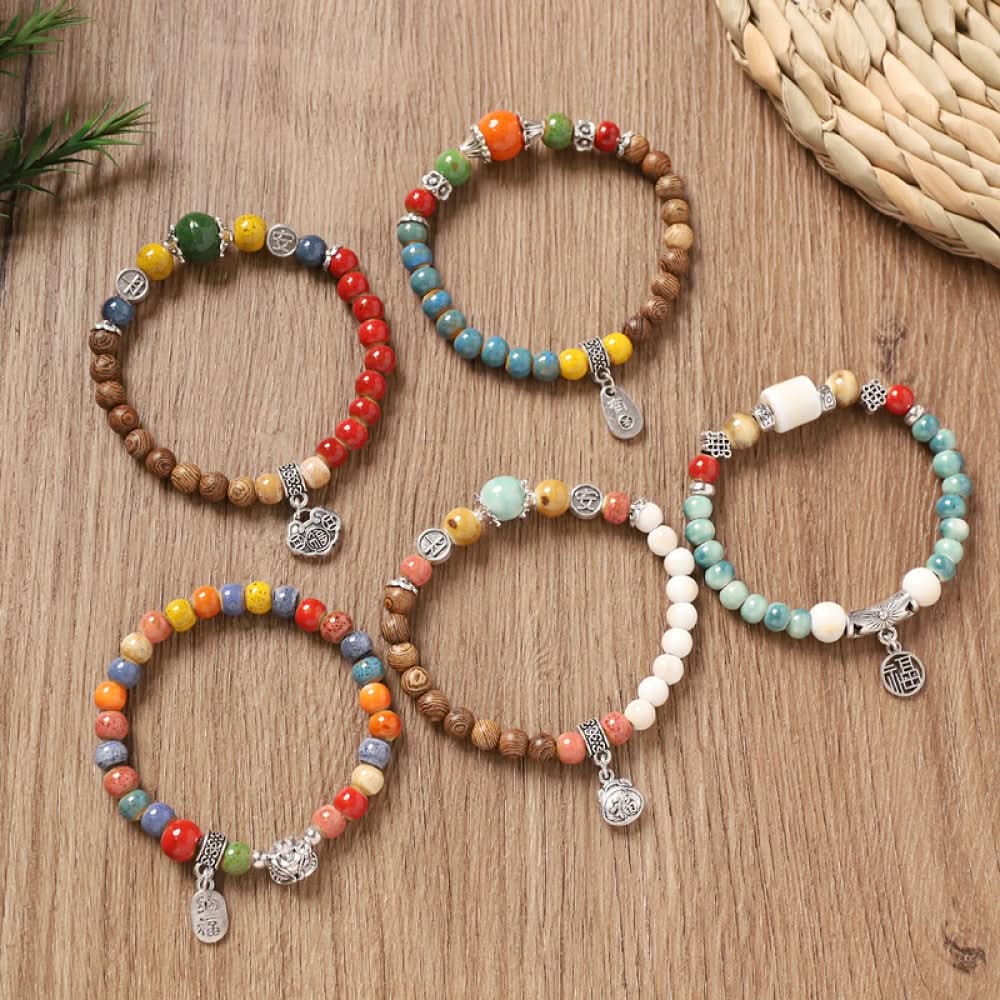 Five matching beaded bracelets, perfect for layering or gifting.