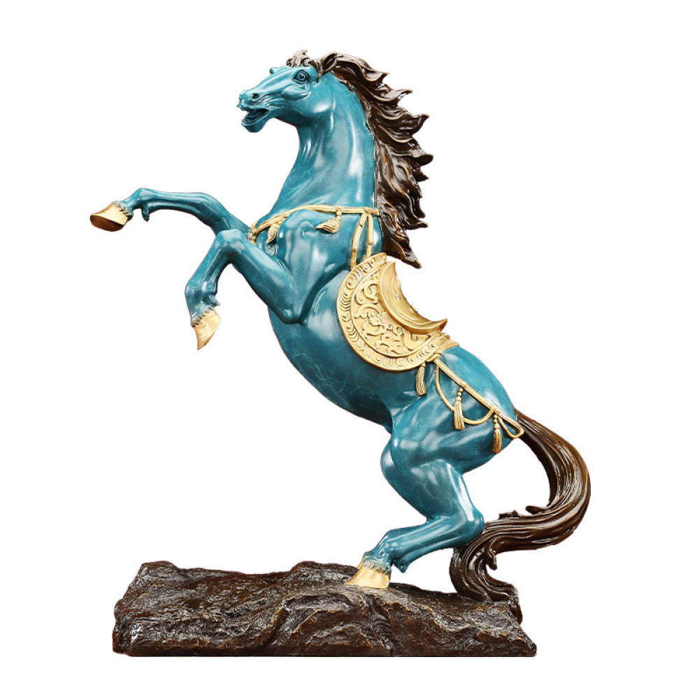 Blue horse statue with golden accents, a Feng Shui symbol of success and good fortune, displayed as elegant home decor against a red background 02