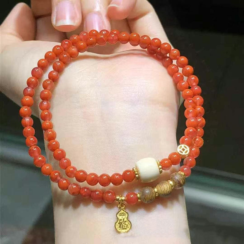 Boho double - layered red agate bead bracelet, charm bracelet 01