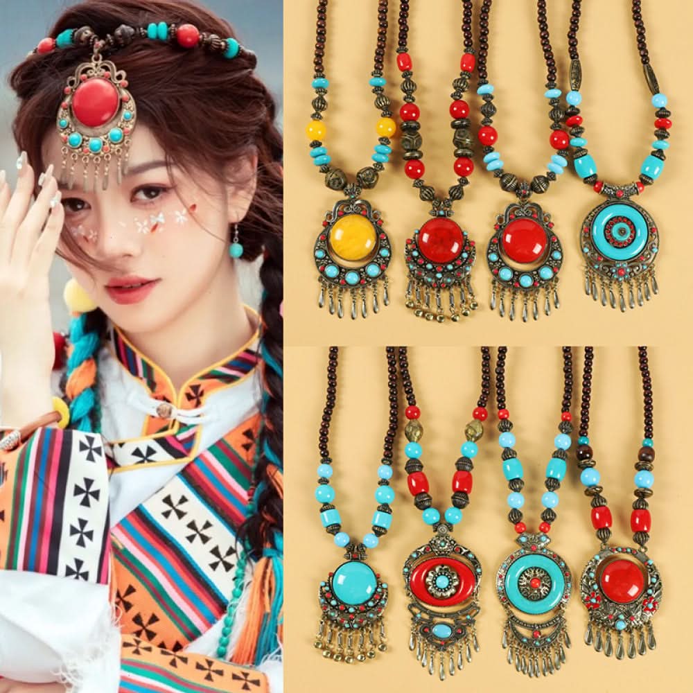 Assorted bohemian ethnic tribal vintage necklace set with vibrant red, turquoise, yellow pendants and intricate beaded designs, showcased with a model in traditional ethnic attire and product close-ups, perfect for boho fashion enthusiasts