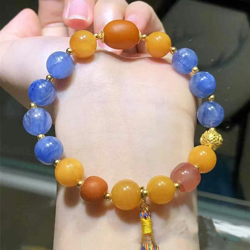 Boho multicolor bead bracelet, blue kyanite yellow agate bracelet