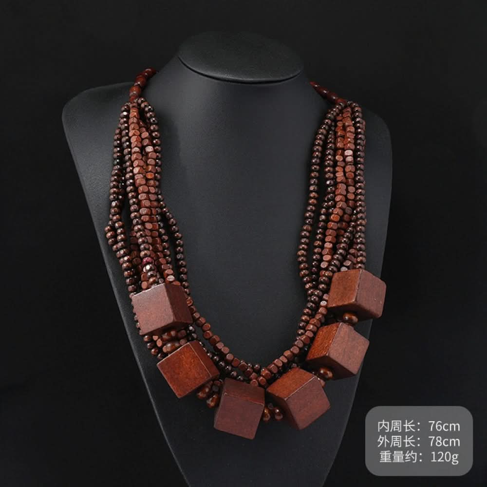 Vintage bohemian multi-layer wood beaded necklace with turquoise and colorful accents, featuring intricate layered design, ideal for ethnic tribal and boho fashion, displayed on a black mannequin against a dark background 09