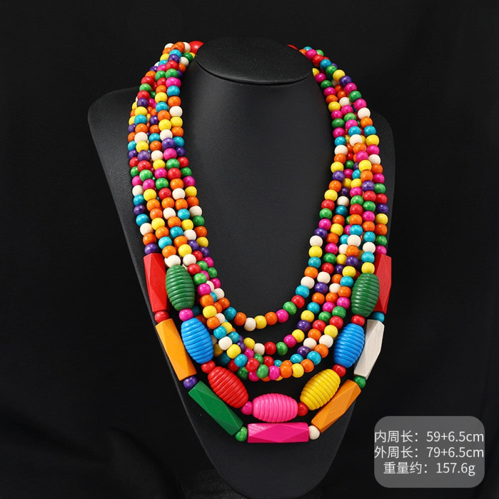 Vintage bohemian multi-layer wood beaded necklace with earthy tones, featuring intricate layered design, ideal for boho ethnic fashion, displayed on a black mannequin against a dark background 08