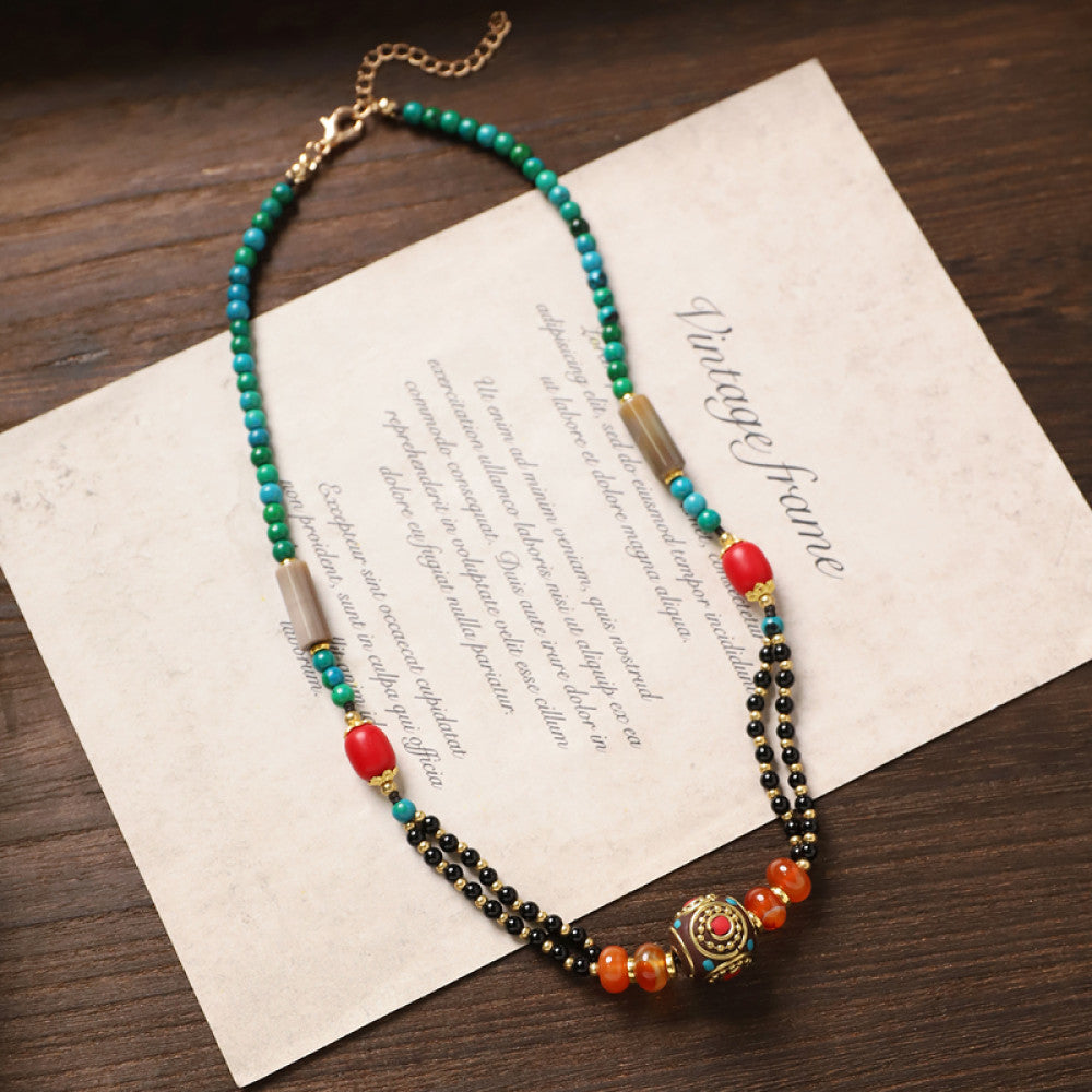 Vintage tribal-style necklace with turquoise and red beads, featuring a mix of geometric and round bead designs, ideal for bohemian fashion, showcased on vintage paper with elegant typography 01