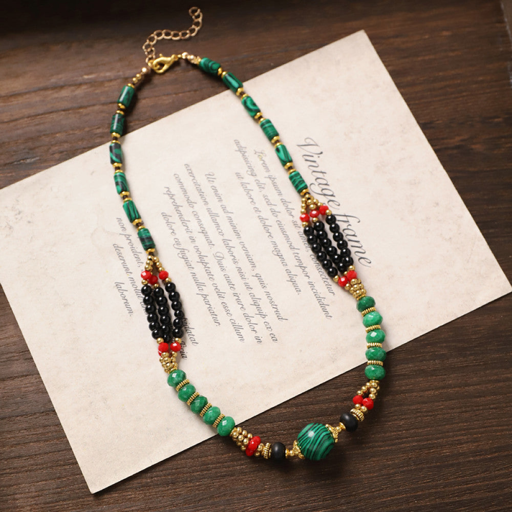 Vintage tribal-style necklace with turquoise and red beads, featuring a mix of geometric and round bead designs, ideal for bohemian fashion, showcased on vintage paper with elegant typography 08