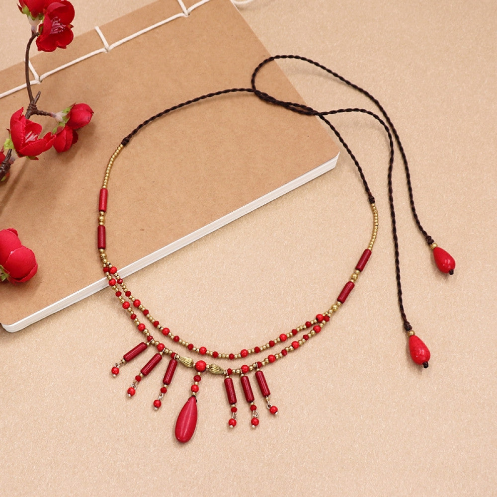 Boho Bohemian Turquoise Bead Double Layer Choker Necklace Tassel Pendants Adjustable Leather Cord 01