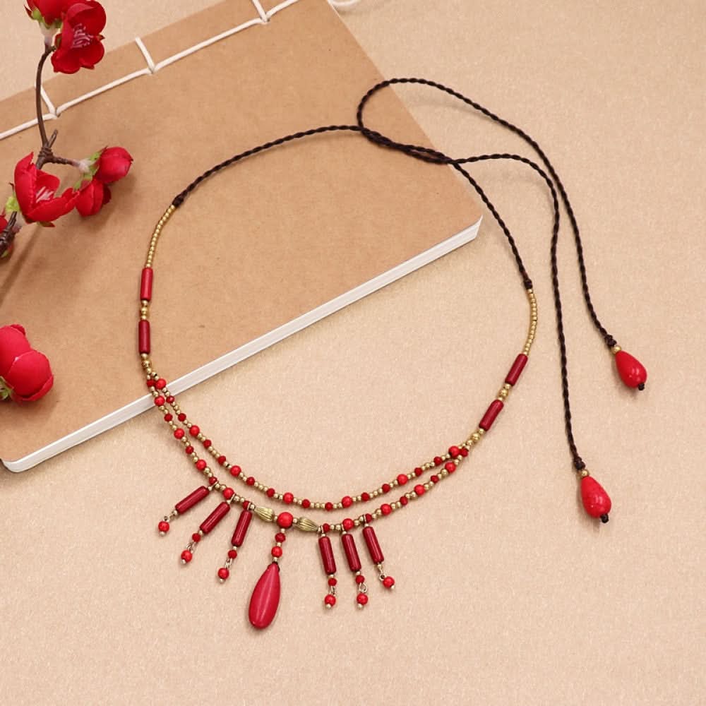 Boho Bohemian Turquoise Bead Double Layer Choker Necklace Tassel Pendants Adjustable Leather Cord 01