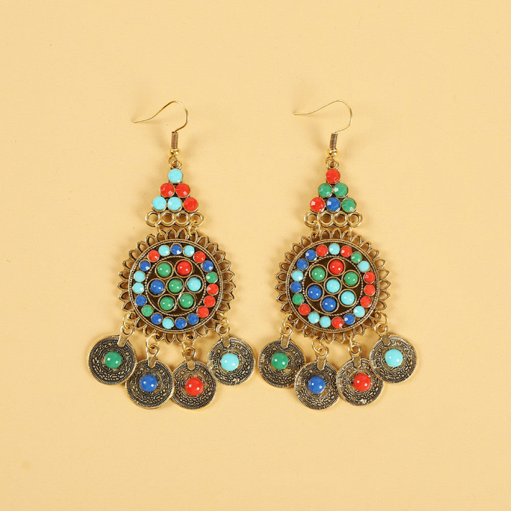 Boho ethnic gold-tone decorative belt featuring a vibrant colorful mosaic centerpiece, multi-color gemstone accents, and layered coin tassel pendants, displayed on a light yellow background, ideal for bohemian and festival fashion styling in the US 01