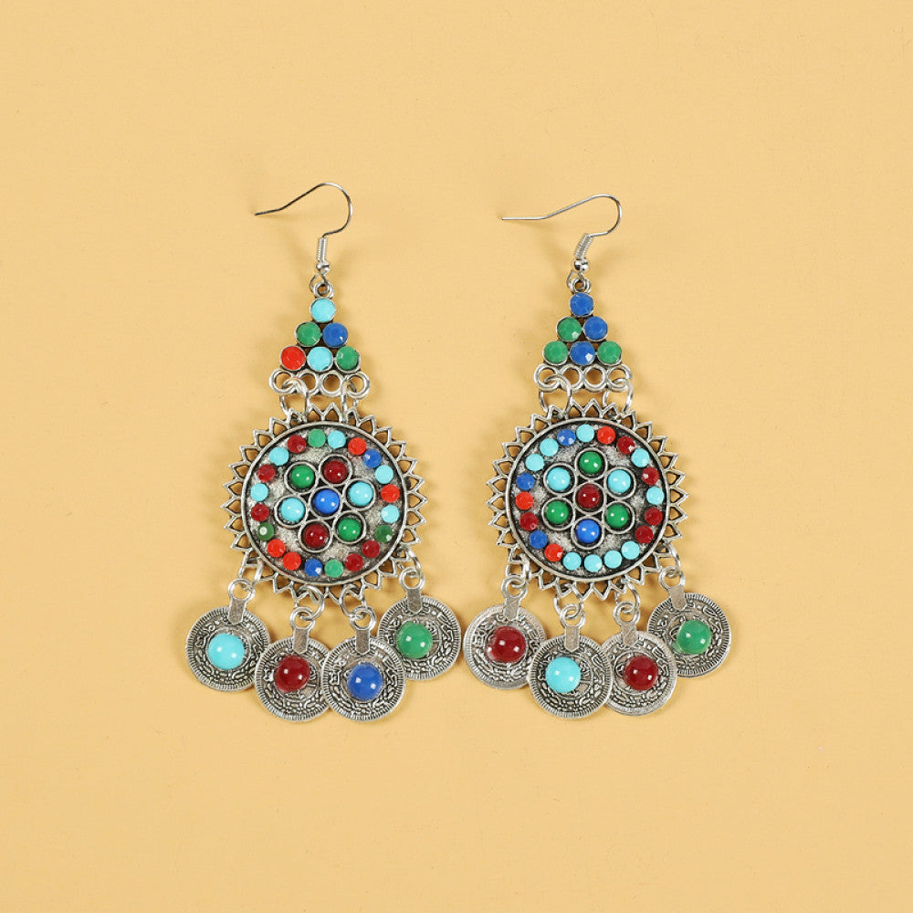 Boho ethnic gold-tone decorative belt featuring a vibrant colorful mosaic centerpiece, multi-color gemstone accents, and layered coin tassel pendants, displayed on a light yellow background, ideal for bohemian and festival fashion styling in the US 03