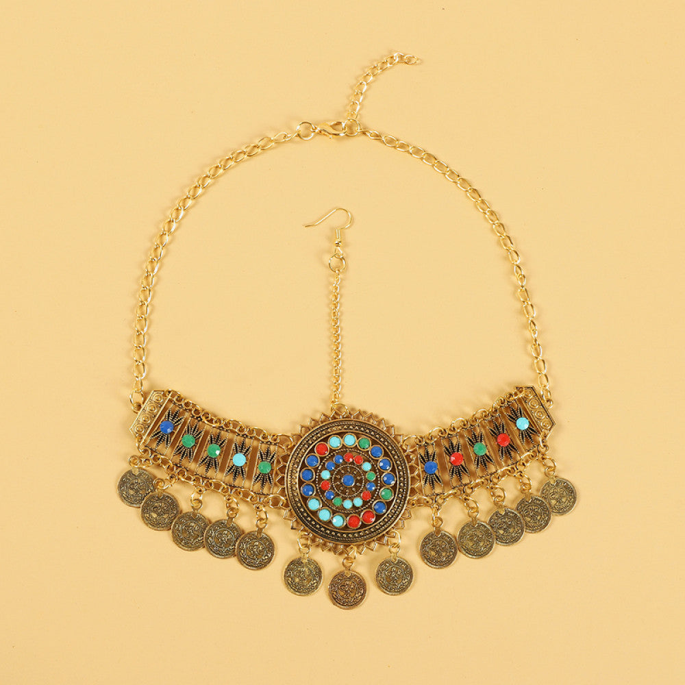 Boho ethnic silver-tone choker necklace featuring a vibrant colorful mosaic centerpiece, turquoise/gemstone decorative accents, and layered coin tassel pendants, displayed on a light yellow background, ideal for bohemian and festival fashion enthusiasts in the US 03