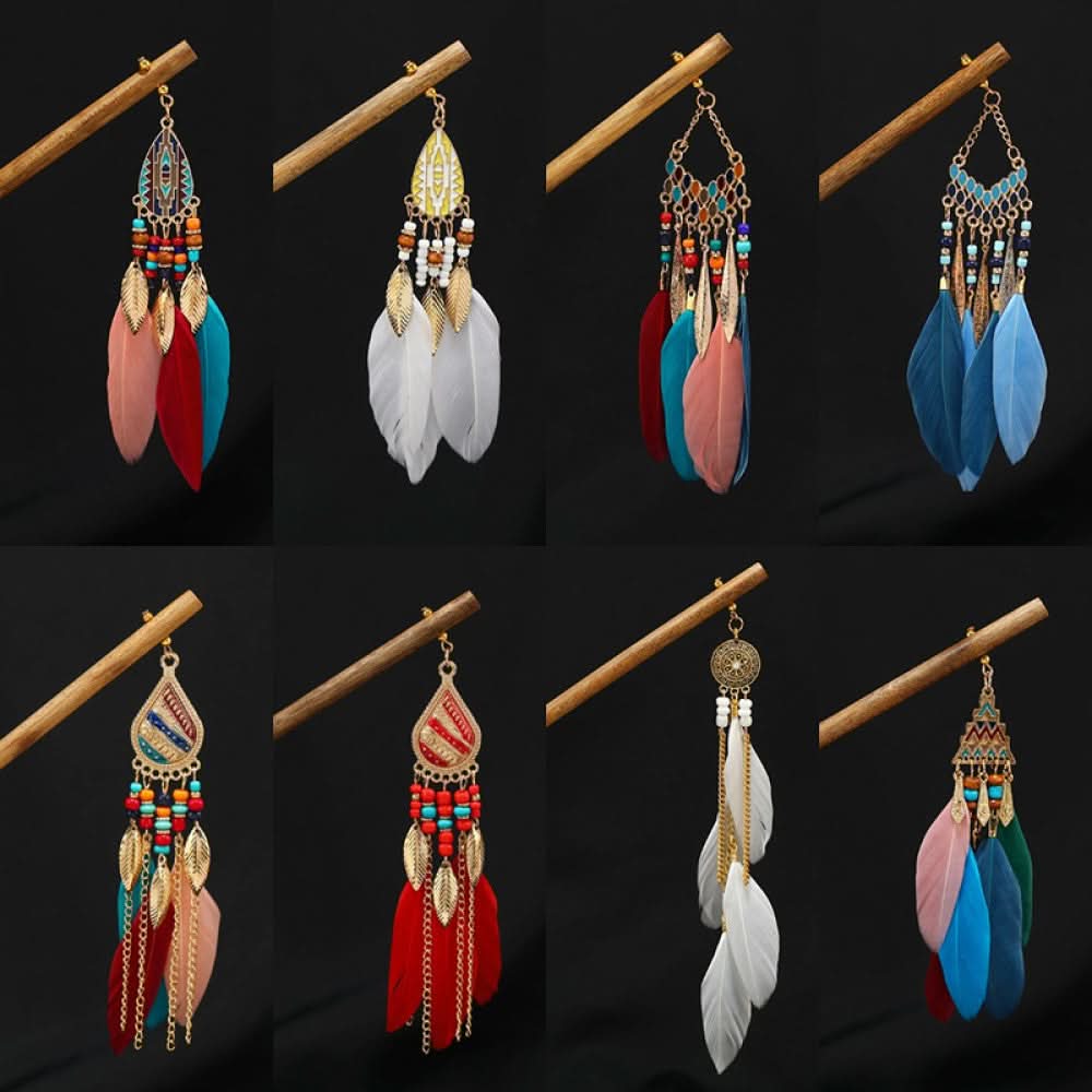 Set of 7 boho vintage ethnic wooden hair sticks, each with unique color combinations of ethnic-style plaques, colorful beads, and feather tassels,