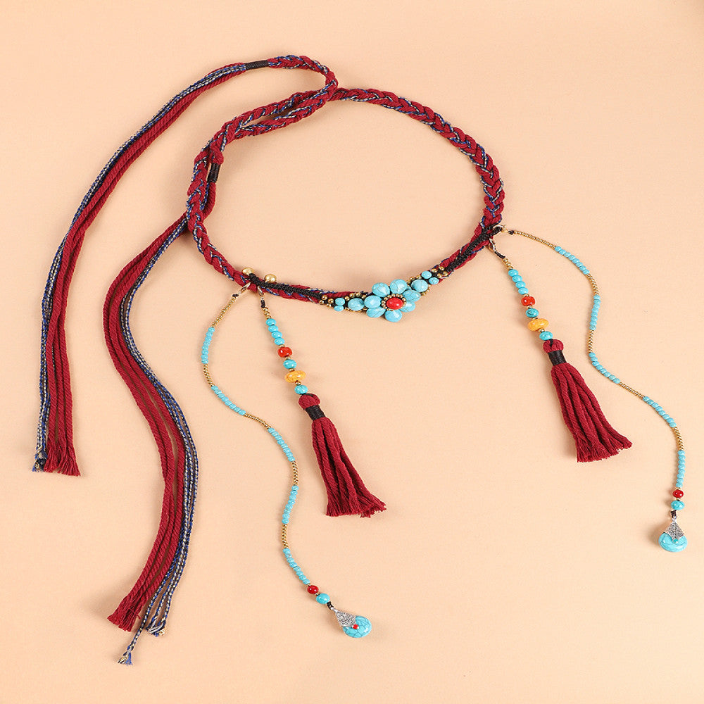 Boho vintage ethnic black braided choker necklace featuring turquoise bead details, a yellow decorative piece, and red tassel pendants, ideal for bohemian retro fashion styling in the US
