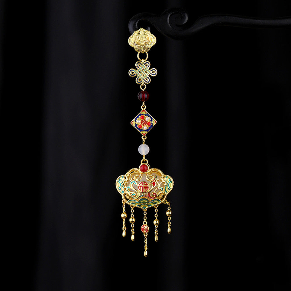Boho vintage ethnic statement pendant charm with colorful enamel, gemstone accents and tassel details, styled on a display hook, ideal for bohemian and traditional fashion enthusiasts in the US 01