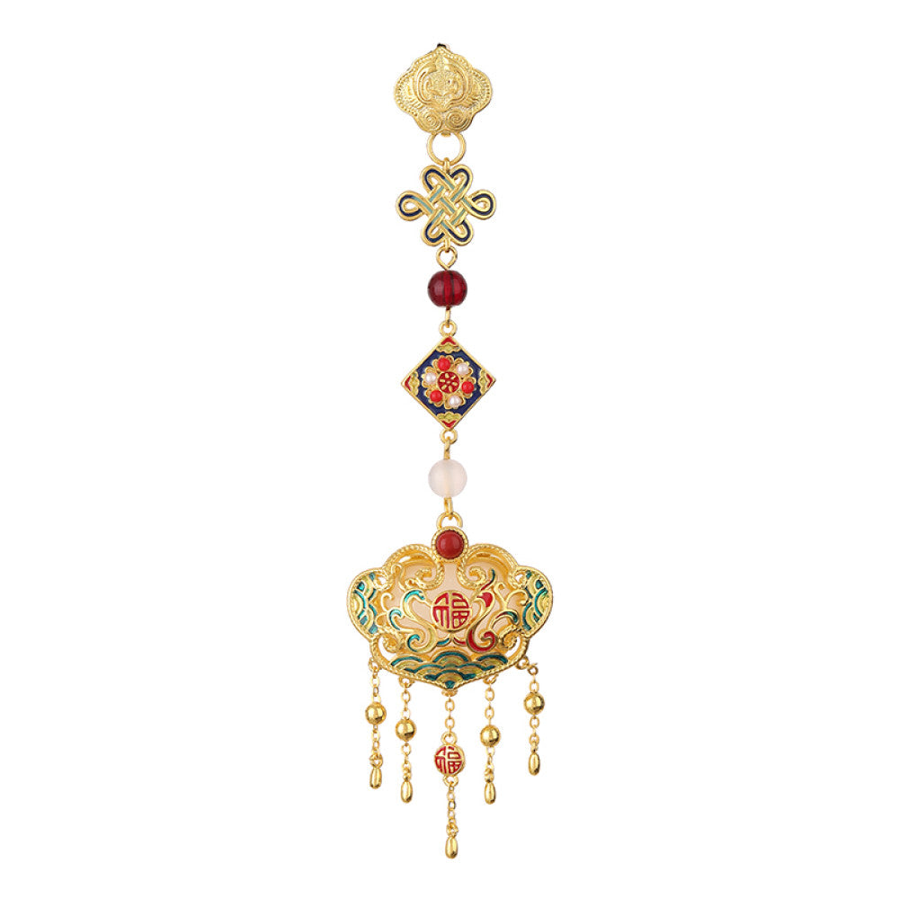 Boho vintage ethnic statement pendant charm with colorful enamel, gemstone accents and tassel details, styled on a display hook, ideal for bohemian and traditional fashion enthusiasts in the US 04