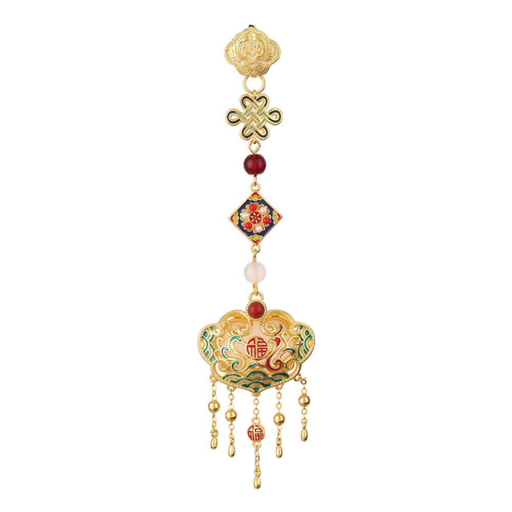 Boho vintage ethnic statement pendant charm with colorful enamel, gemstone accents and tassel details, styled on a display hook, ideal for bohemian and traditional fashion enthusiasts in the US 04