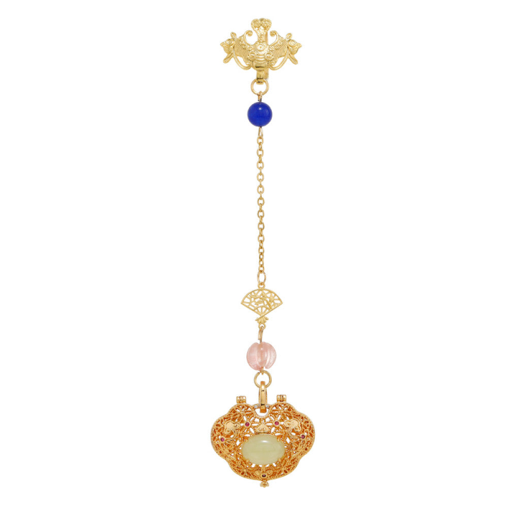 Boho vintage ethnic gold hair pendant featuring a jade-inlaid lock charm, blue/pink bead accents and intricate gold details, styled on a wooden display hook, ideal for bohemian and traditional fashion enthusiasts in the US 03