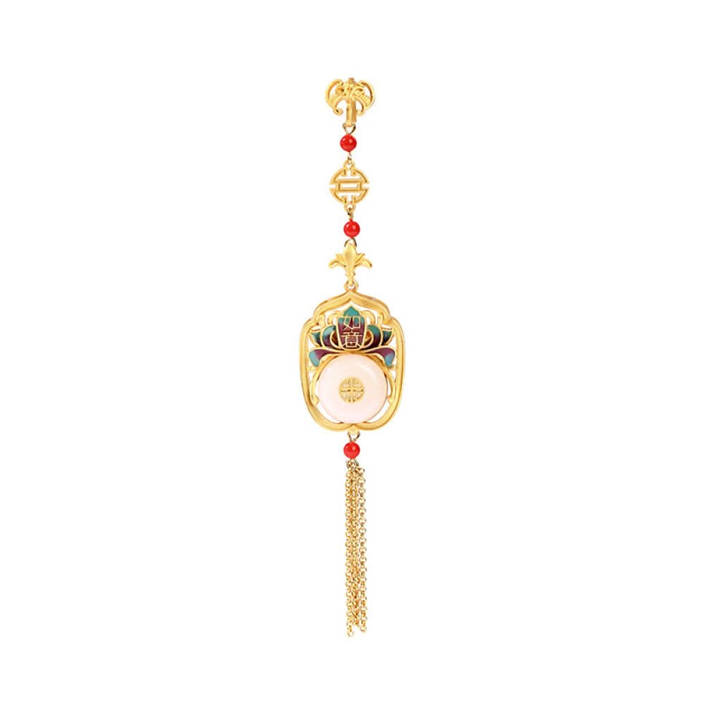 Boho vintage ethnic gold statement pendant featuring fu character, colorful enamel details, white gemstone center and gold tassel, styled on a tree branch, ideal for bohemian and traditional fashion enthusiasts in the US 03