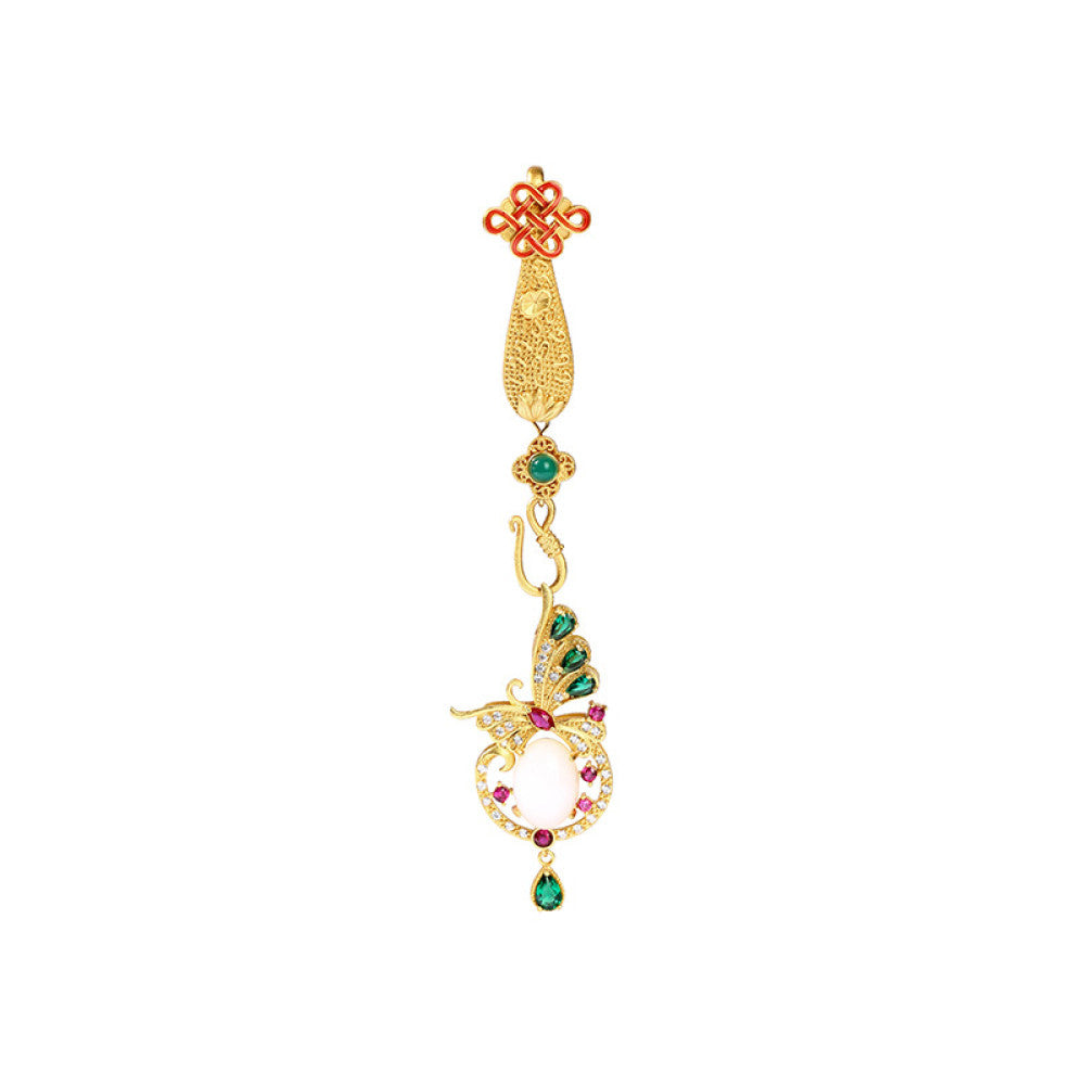 Boho vintage ethnic gold statement pendant featuring Chinese knot, peacock charm and colorful gemstone accents, styled on a tree branch, ideal for bohemian and traditional fashion enthusiasts in the US 05