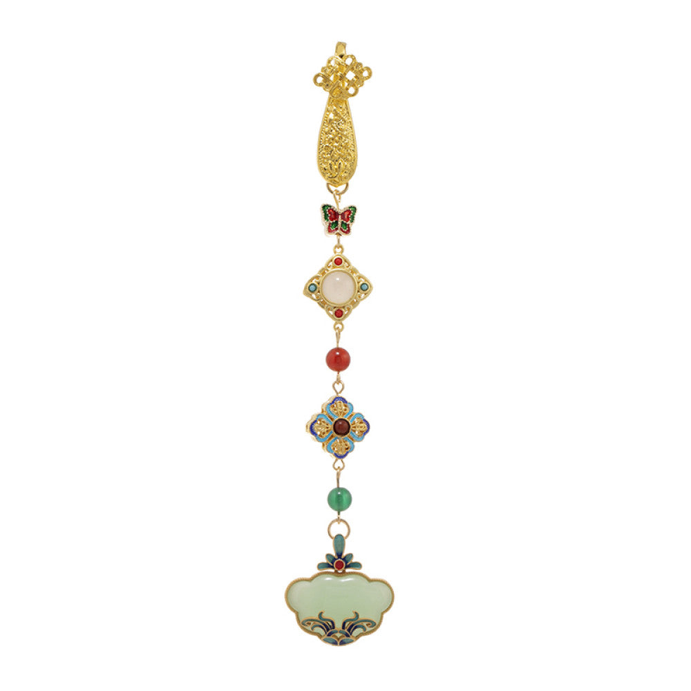 Boho vintage ethnic gold-tone hair pendant featuring multi-color gemstone (blue/green/red) accents, intricate enamel decorations, and a jade-inlaid ruyi lock-shaped pendant, styled on a wooden display hook against a black background, ideal for bohemian and traditional fashion enthusiasts in the US 04