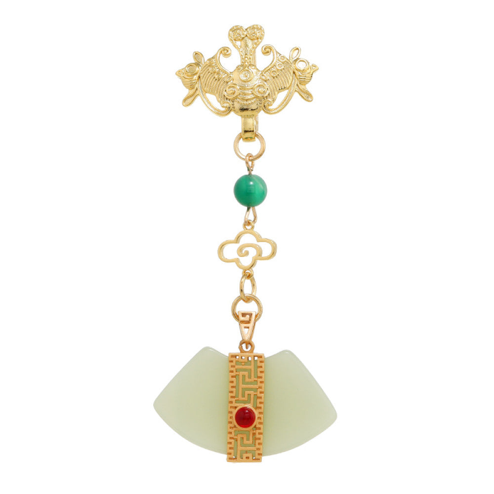 Boho vintage ethnic gold-tone hair pendant featuring phoenix decorative charm, green bead accents, jade fan-shaped pendant with red gemstone detail, styled on a wooden display hook against a black background, ideal for bohemian and traditional fashion enthusiasts in the US 05