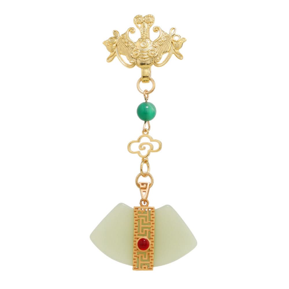 Boho vintage ethnic gold-tone hair pendant featuring phoenix decorative charm, green bead accents, jade fan-shaped pendant with red gemstone detail, styled on a wooden display hook against a black background, ideal for bohemian and traditional fashion enthusiasts in the US 05