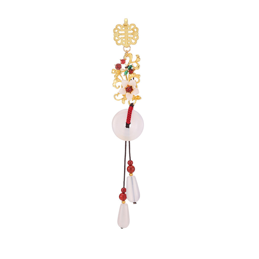 Boho vintage ethnic gold-tone hair pendant featuring double happiness charm, colorful floral details, white jade pendant and red bead tassels, styled on a wooden display hook, ideal for bohemian and traditional fashion enthusiasts in the US 05
