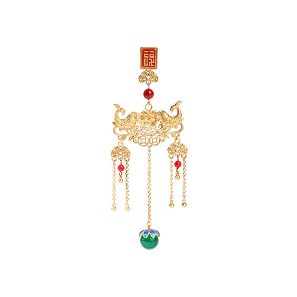 Boho vintage ethnic gold-tone hair pendant featuring red double happiness charm, intricate gold decorative details, red bead accents and a green beaded pendant, styled on a twig against a teal background, ideal for bohemian and traditional fashion enthusiasts in the US 03
