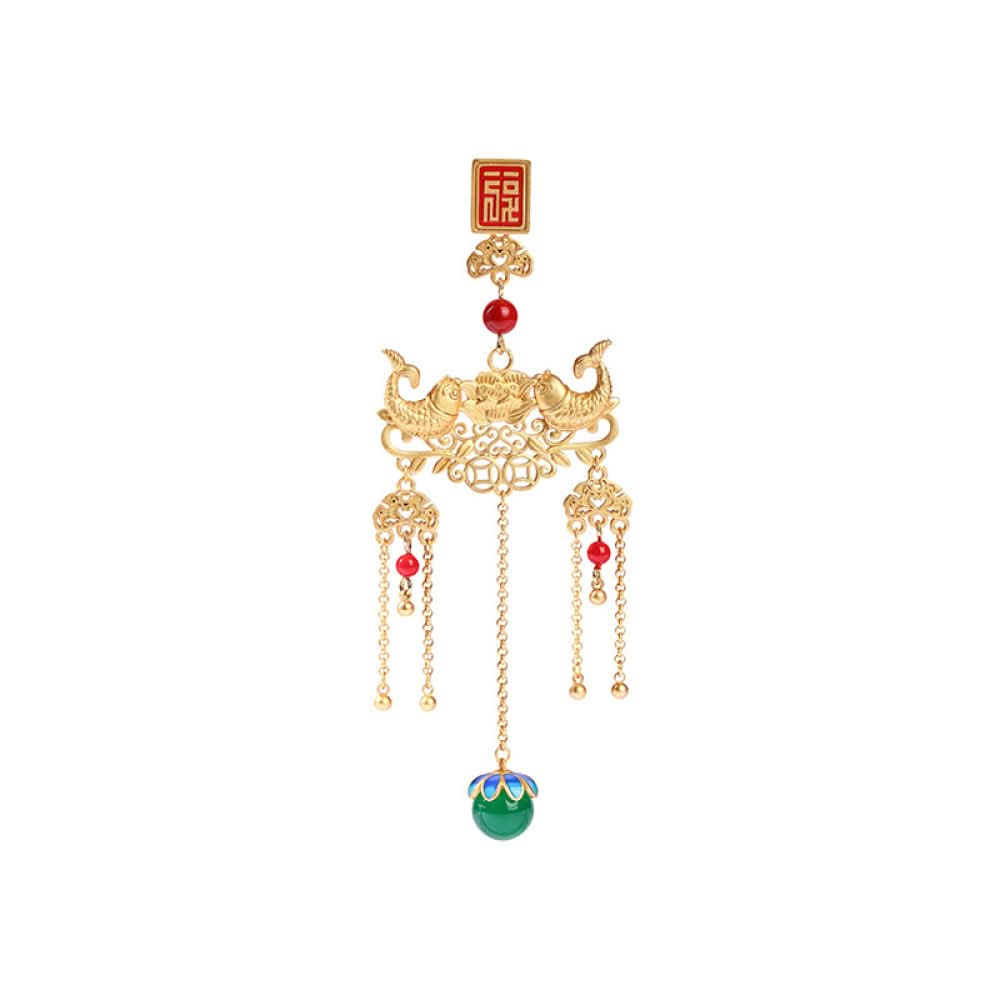 Boho vintage ethnic gold-tone hair pendant featuring red double happiness charm, intricate gold decorative details, red bead accents and a green beaded pendant, styled on a twig against a teal background, ideal for bohemian and traditional fashion enthusiasts in the US 03