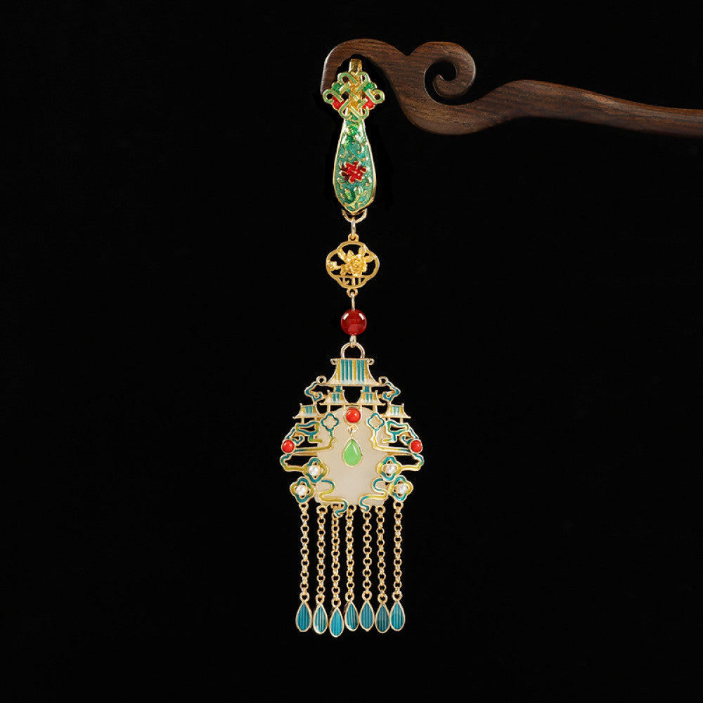 Boho vintage ethnic gold-tone hair pendant featuring colorful enamel accents, white gemstone center, palace-style charm and turquoise tassel details, styled on a wooden display hook, ideal for bohemian and traditional fashion enthusiasts in the US