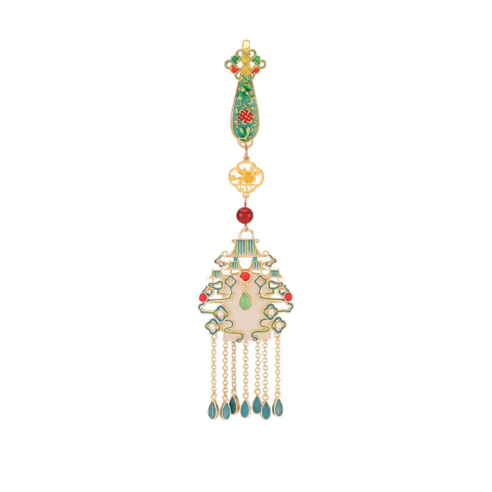 Boho vintage ethnic gold-tone hair pendant featuring colorful enamel accents, white gemstone center, palace-style charm and turquoise tassel details, styled on a wooden display hook, ideal for bohemian and traditional fashion enthusiasts in the US 06