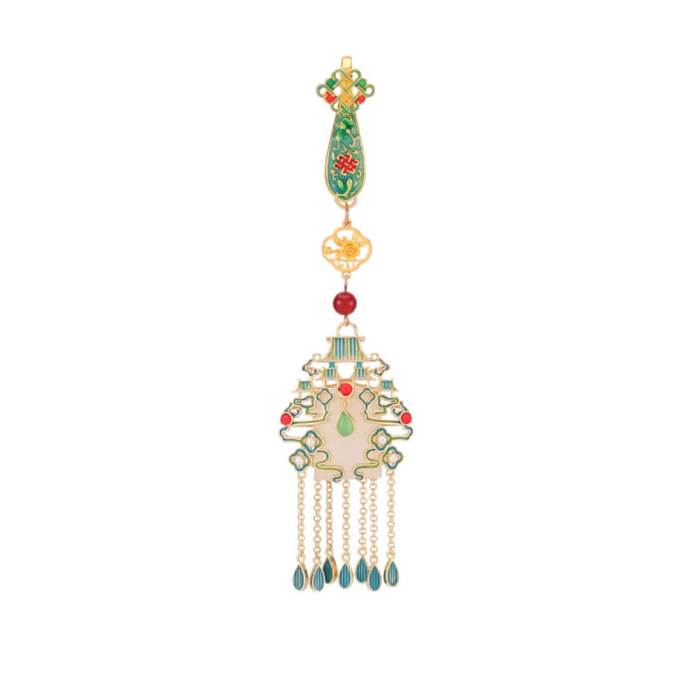 Boho vintage ethnic gold-tone hair pendant featuring colorful enamel accents, white gemstone center, palace-style charm and turquoise tassel details, styled on a wooden display hook, ideal for bohemian and traditional fashion enthusiasts in the US 06