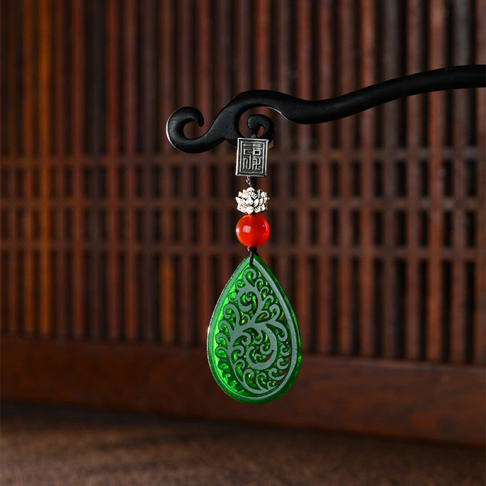 Boho vintage ethnic green cutout hair pendant charm featuring red bead and fu character detail, styled on a display hook, ideal for bohemian and traditional fashion enthusiasts in the US 01