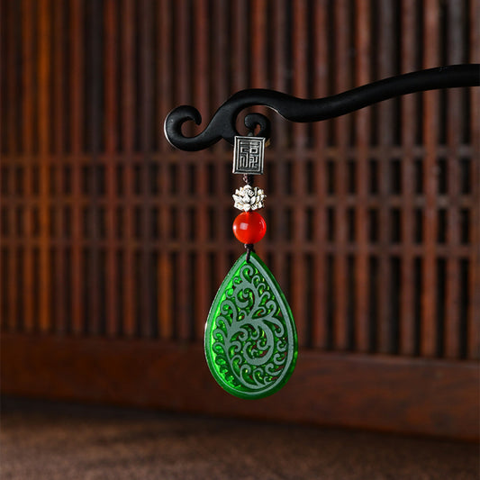 Boho vintage ethnic green cutout hair pendant charm featuring red bead and fu character detail, styled on a display hook, ideal for bohemian and traditional fashion enthusiasts in the US 01