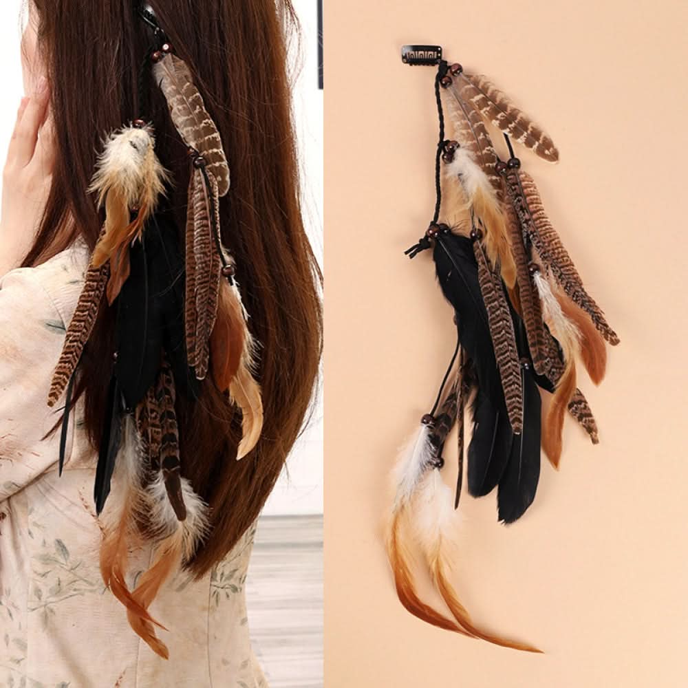 Boho vintage ethnic multi-color feather hair clip ornament and individual piece featuring red/blue feathers, peacock feather details, and bead accents