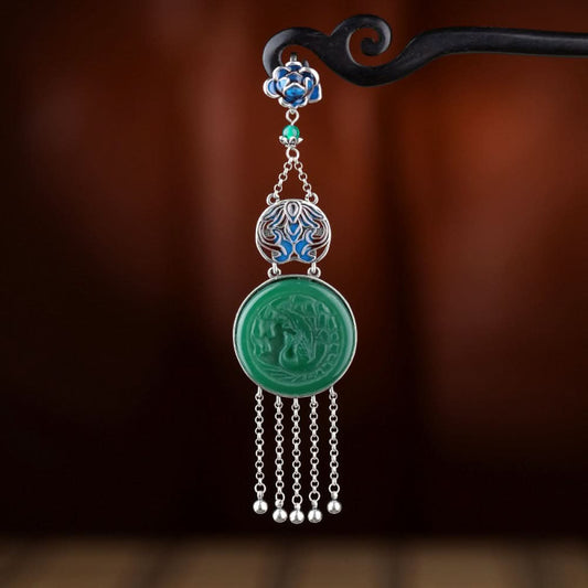Boho vintage ethnic silver hair pendant charm featuring a green carved gemstone and blue enamel accents, styled on a display hook, ideal for bohemian and traditional fashion enthusiasts in the US 01