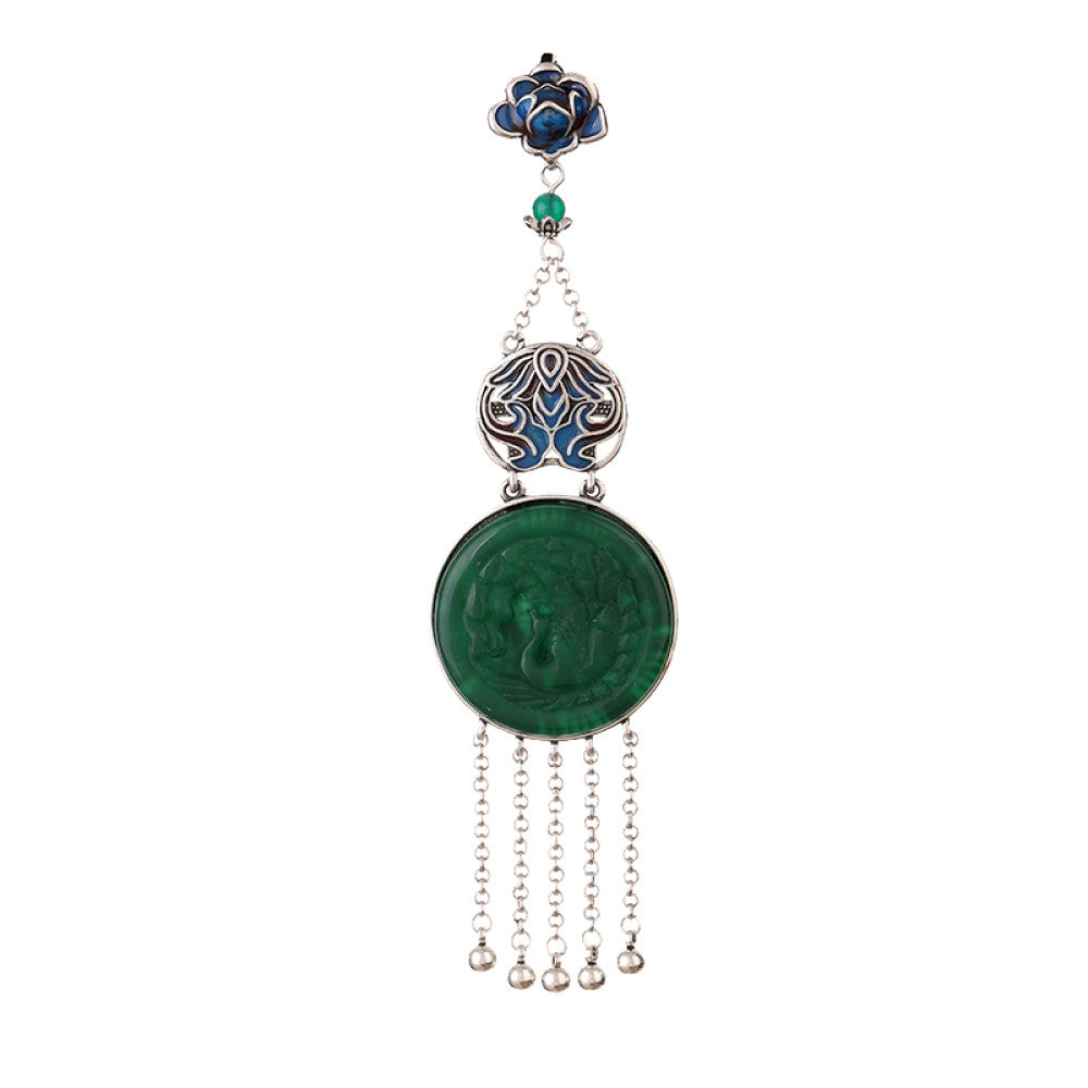 Boho vintage ethnic silver hair pendant charm featuring a green carved gemstone and blue enamel accents, styled on a display hook, ideal for bohemian and traditional fashion enthusiasts in the US 04