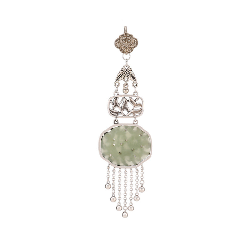 Boho vintage ethnic silver hair pendant with jade-inlaid openwork charm and silver tassel details, styled on a wooden display hook, ideal for bohemian and traditional fashion enthusiasts in the US 05