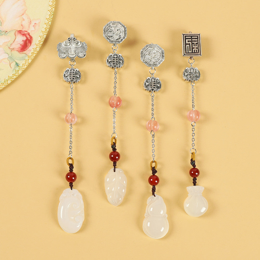 Boho vintage ethnic silver hair pendant set featuring assorted jade charms (ruyi, gourd, vase), pink/red bead accents and fu character details, styled on a light background, ideal for bohemian and traditional fashion enthusiasts in the US