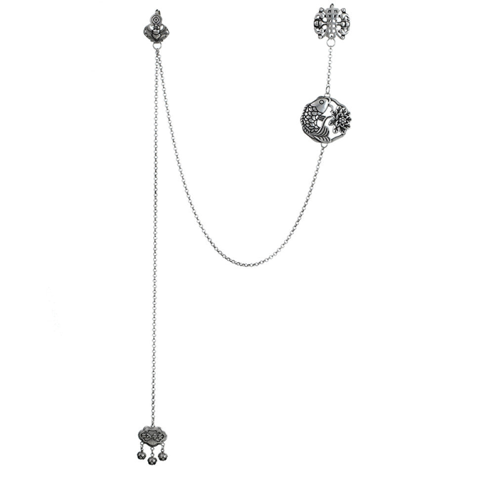 Boho vintage ethnic silver long chain statement pendant with carved charm and bell details, styled on a display hook, ideal for bohemian and traditional fashion enthusiasts in the US 03