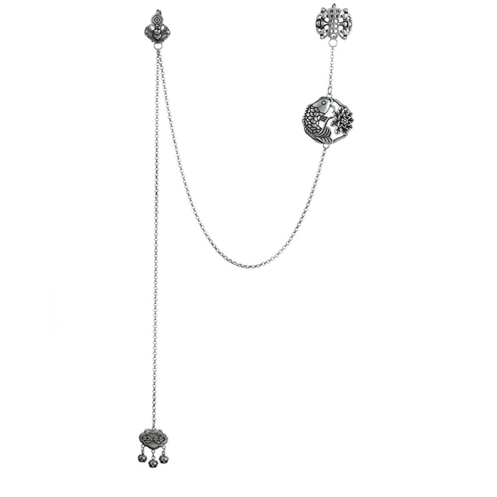 Boho vintage ethnic silver long chain statement pendant with carved charm and bell details, styled on a display hook, ideal for bohemian and traditional fashion enthusiasts in the US 03