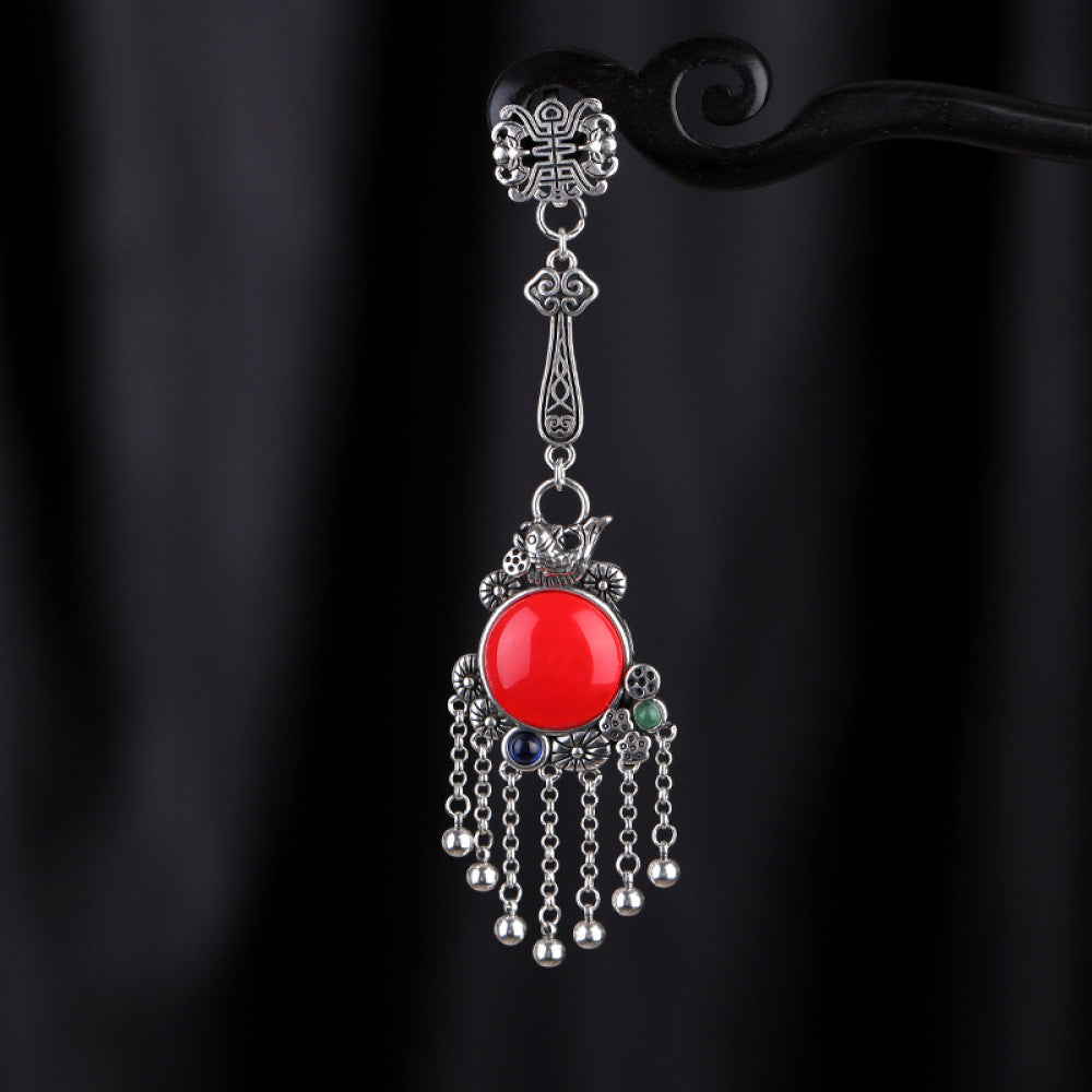 Boho vintage ethnic silver hair pendant charm with red gemstone and tassel details, styled on a display hook, ideal for bohemian and traditional fashion enthusiasts in the US 01