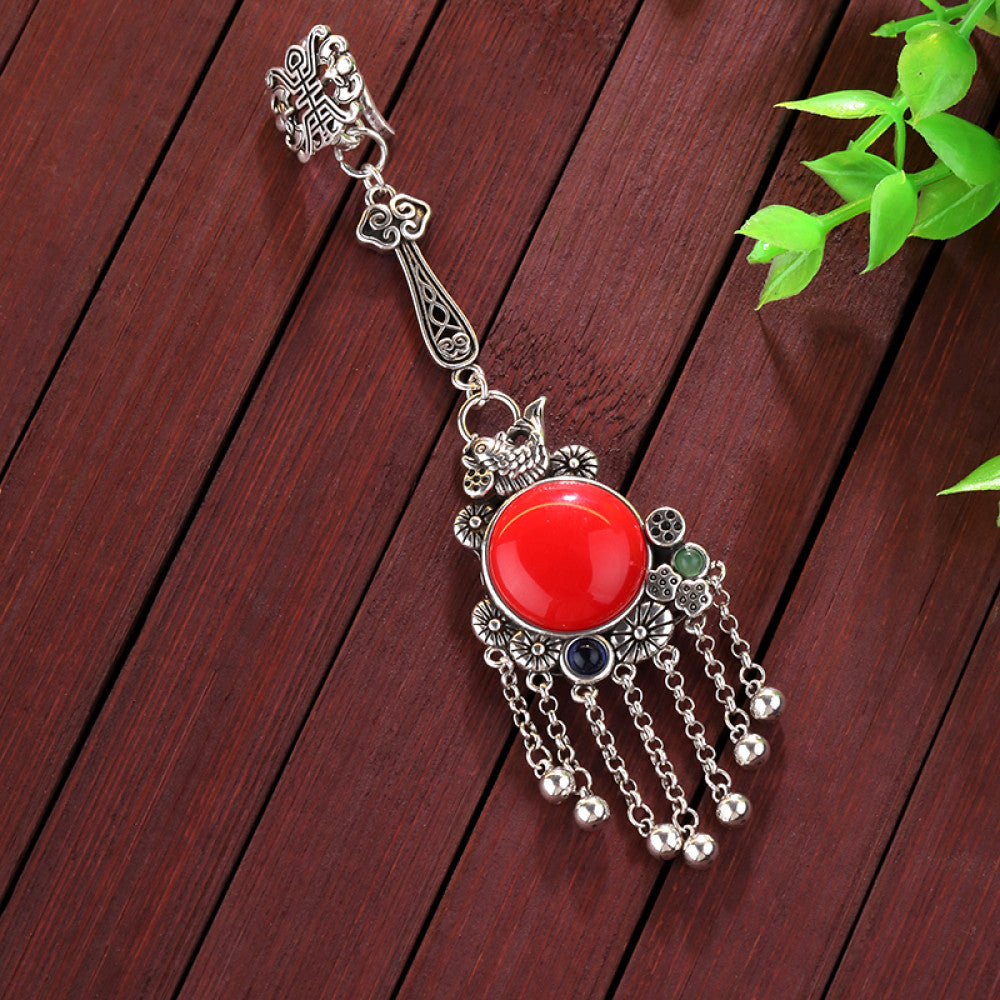 Boho vintage ethnic silver hair pendant charm with red gemstone and tassel details, styled on a display hook, ideal for bohemian and traditional fashion enthusiasts in the US 03