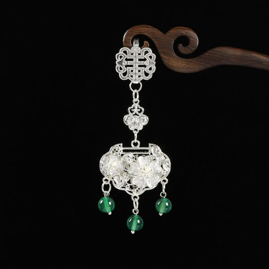 Boho vintage ethnic silver hair pendant featuring Chinese knot, intricate lantern charm and red bead details, styled on a wooden display hook, ideal for bohemian and traditional fashion enthusiasts in the US 01