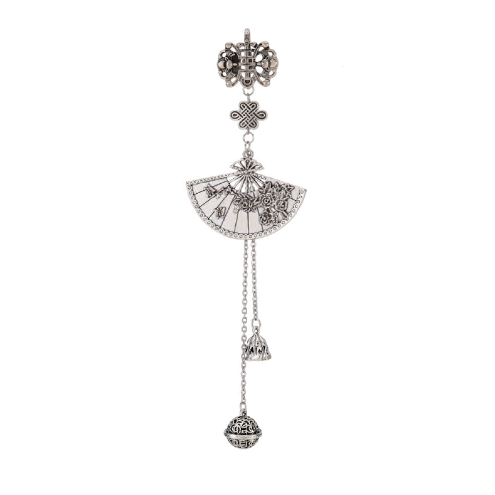 Boho vintage ethnic silver hair pendant featuring fan-shaped openwork charm, decorative tassel details, styled on a wooden display hook, ideal for bohemian and traditional fashion enthusiasts in the US 04