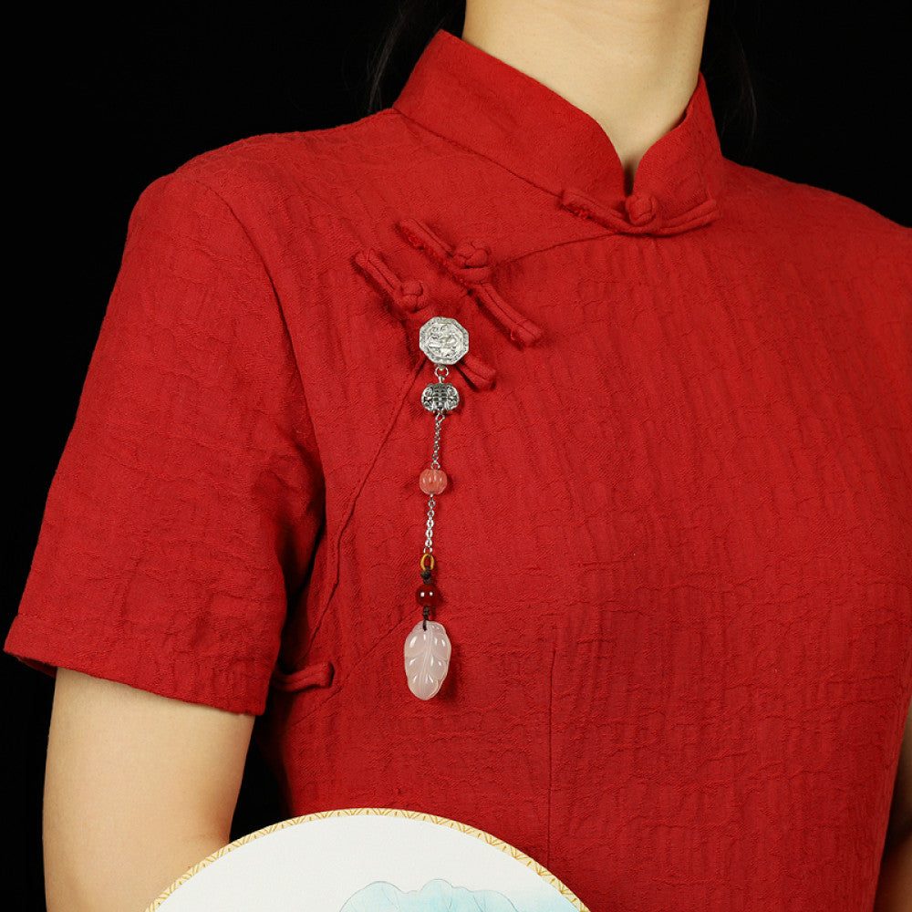 Boho vintage ethnic silver hair pendant featuring a ruyi-shaped jade charm, pink/yellow/red bead accents and decorative clasps, styled on a wooden display hook, ideal for bohemian and traditional fashion enthusiasts in the US 04