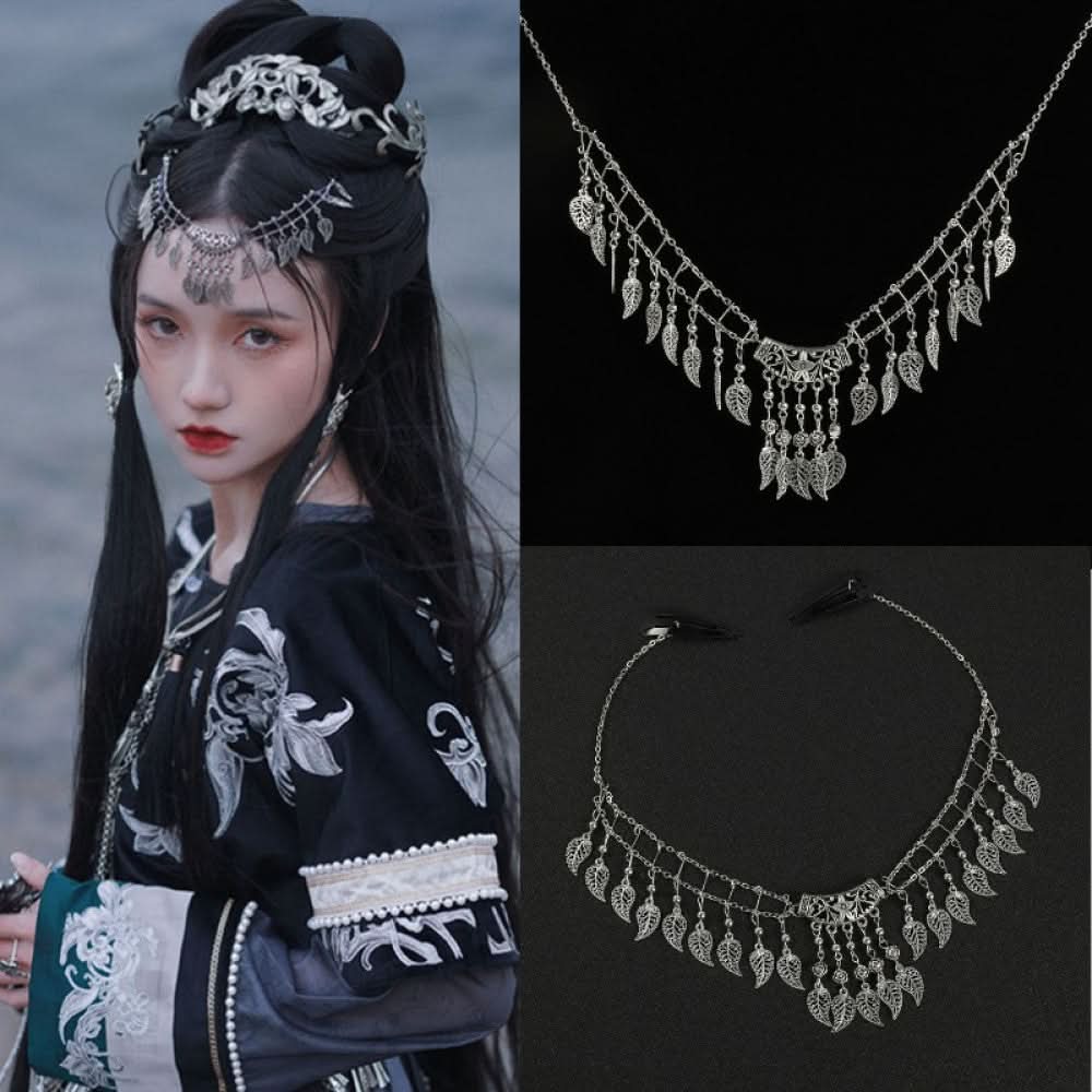 Boho vintage ethnic silver-tone hair & neck ornament set (with leaf-shaped fringe) displayed via both Hanfu styling reference (left) and individual pieces (right) against a black background