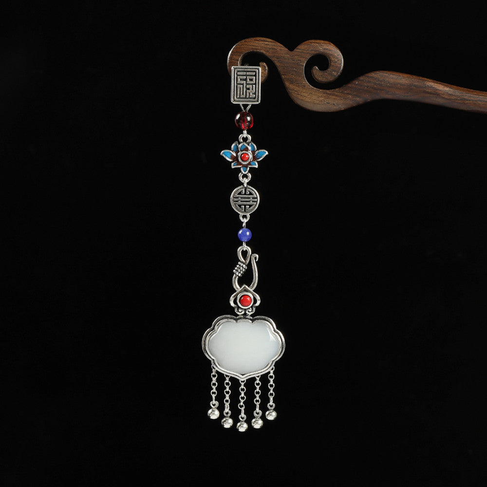 Boho vintage ethnic silver-tone hair pendant featuring Fu character detail, yellow/blue bead accents, red gemstone decoration, white lock-shaped pendant and silver tassel details, styled on a wooden display hook against a black background, ideal for bohemian and traditional fashion enthusiasts in the US 03